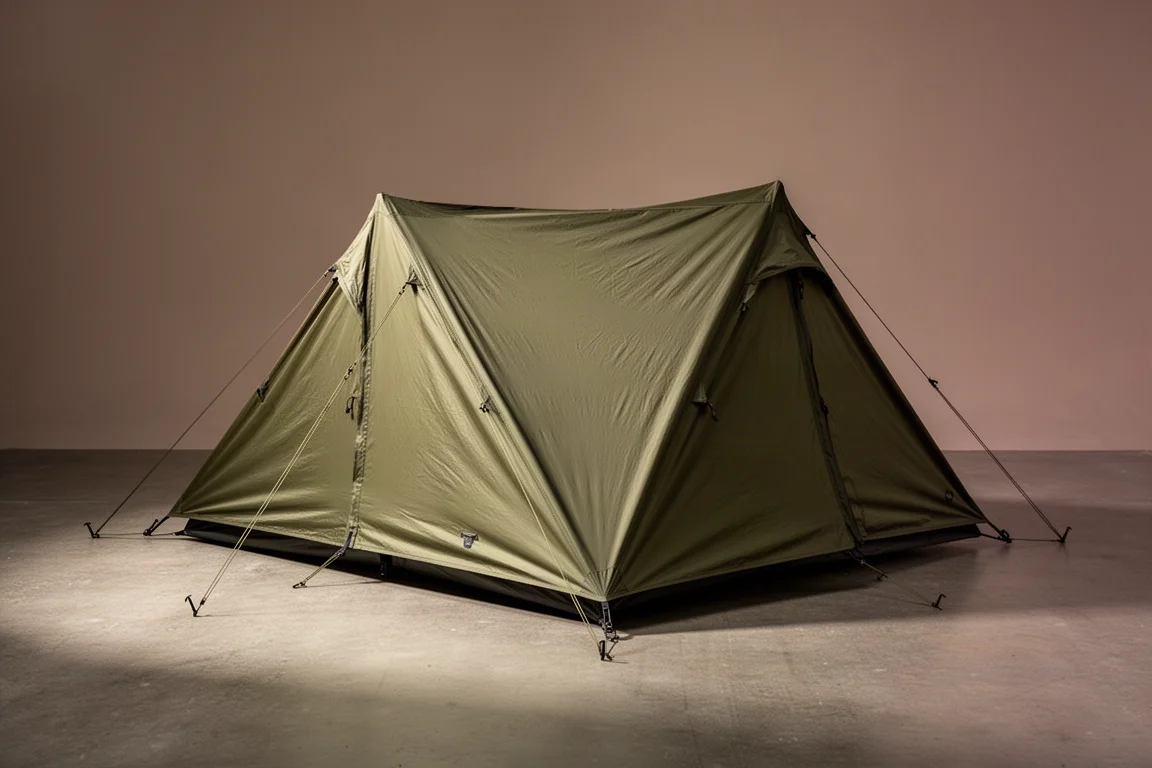 Low-profile one-person camping shelter with olive-green fly pitched on concrete floor