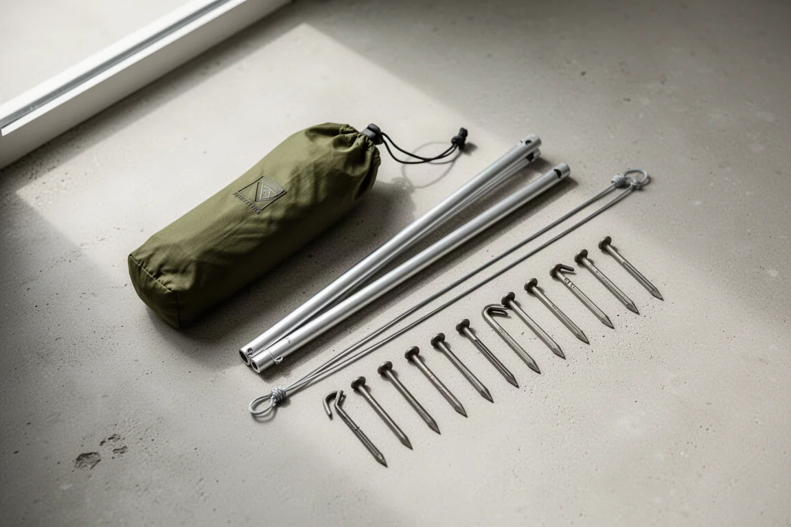 Folded lightweight shelter, pole, guy lines and stakes laid out on a concrete surface