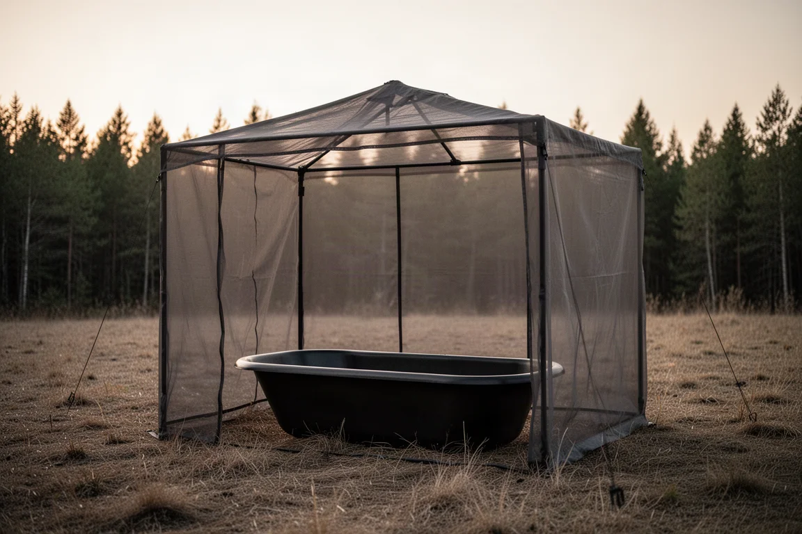 Mesh inner shelter with dark bathtub floor standing on grass at dusk