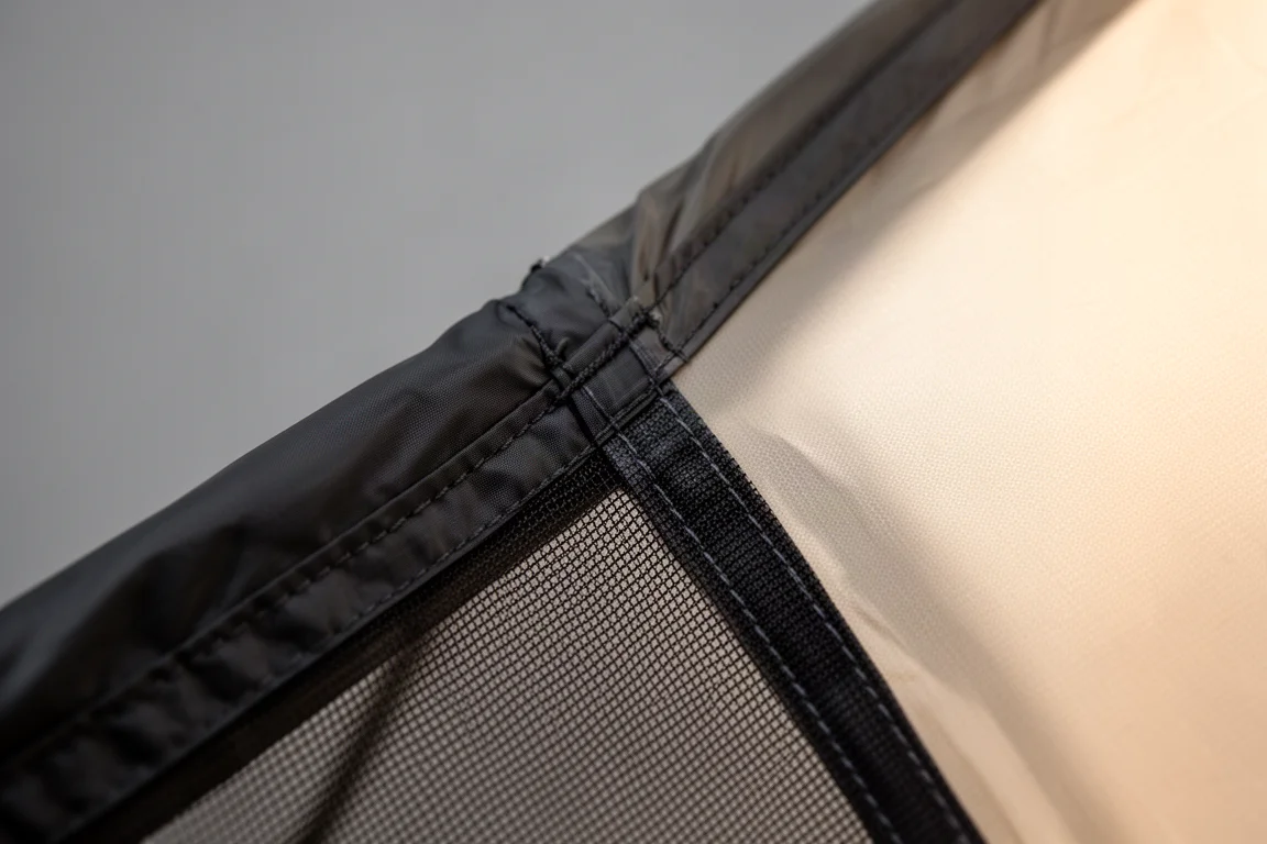 Macro detail of a stitched seam where coated fabric meets fine mesh