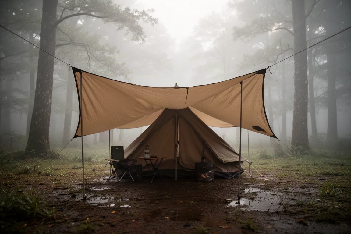 Low camping shelter pitched beneath a tarp in a misty forest clearing