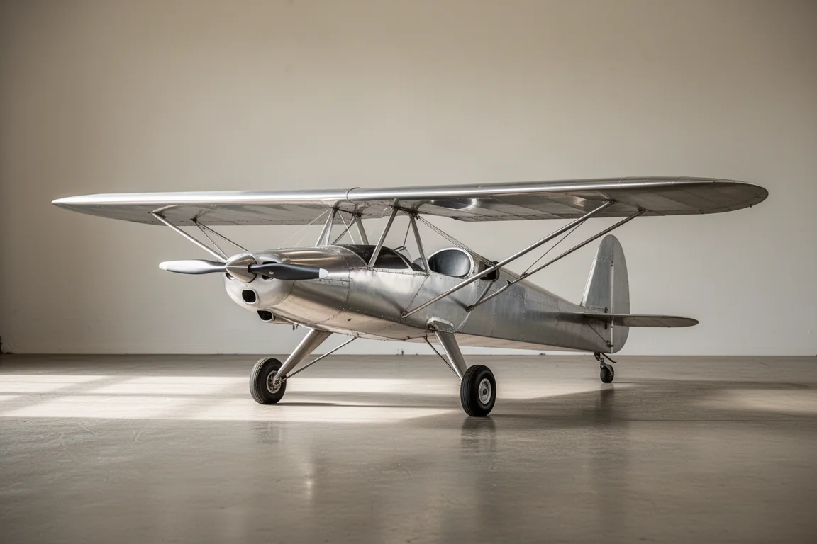 Small single-seat all-metal experimental taildragger aircraft parked in a hangar