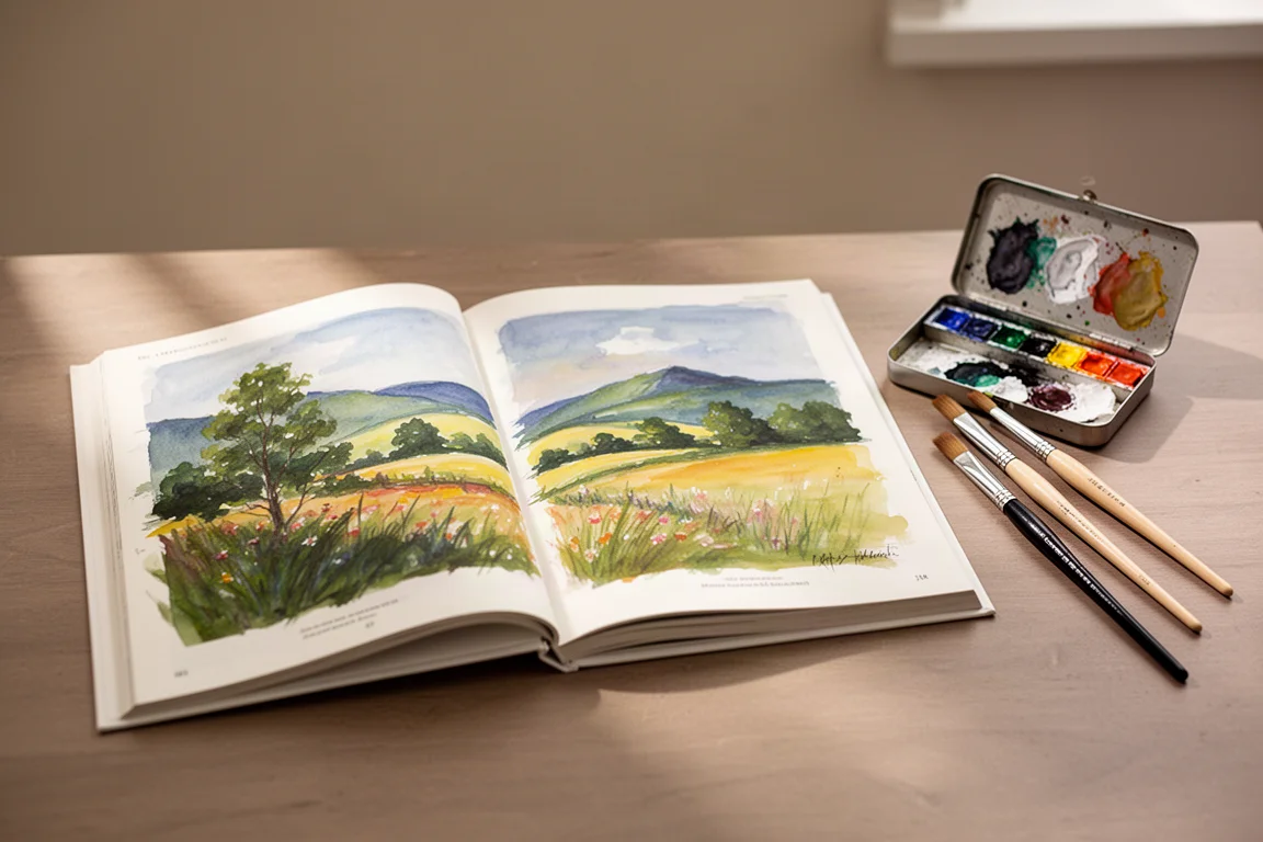 Open art book with colorful landscape sketches on a wooden desk beside a paintbox