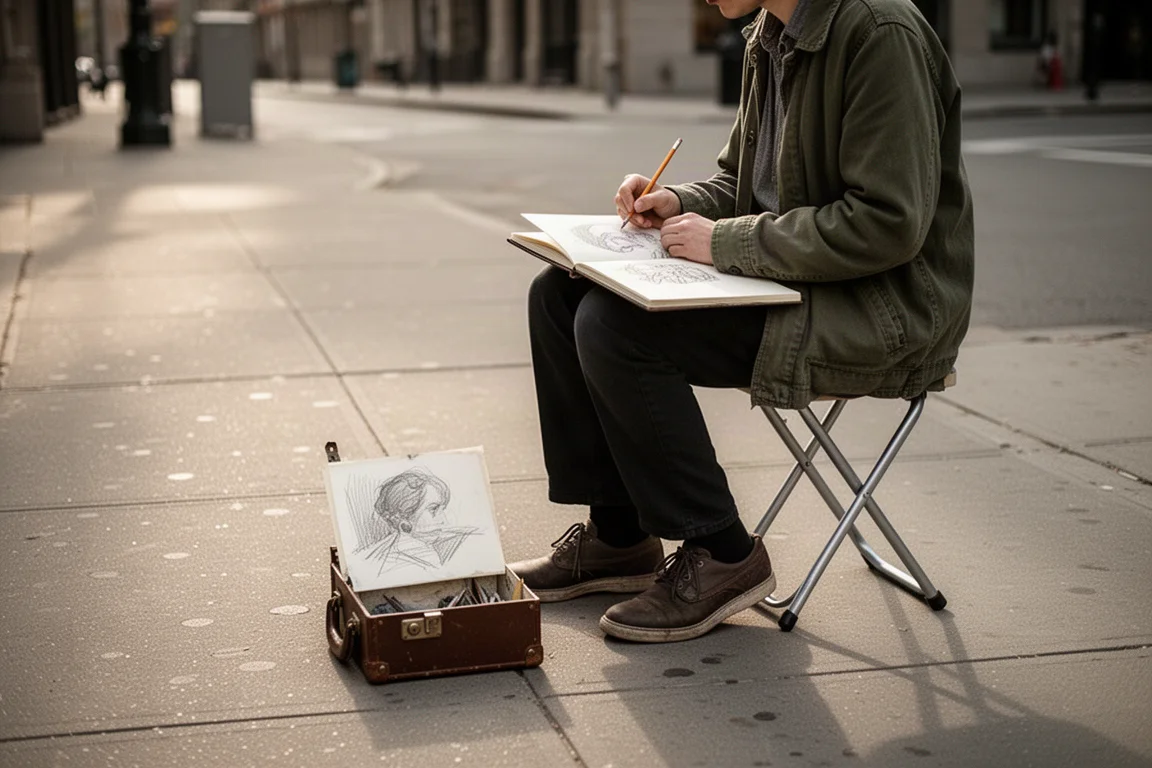 Artist sketching outdoors on a folding stool in a quiet urban street