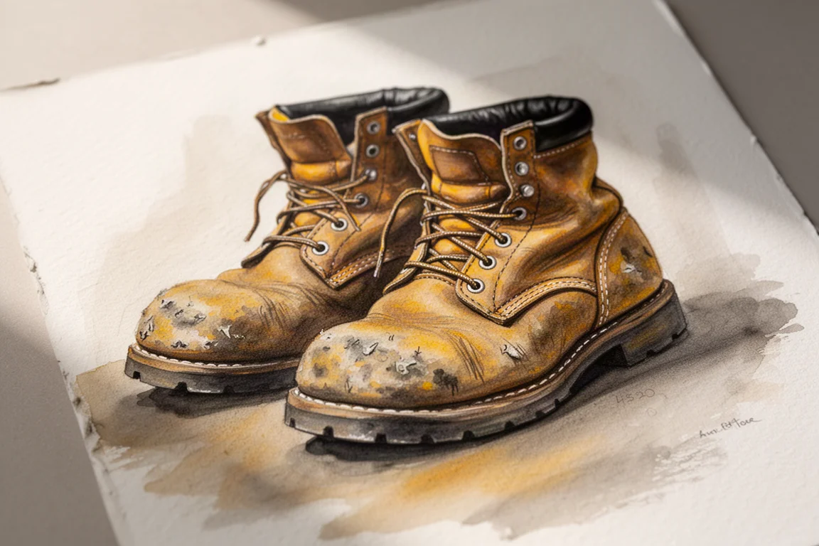 Close-up of a gouache sketch of old work boots on textured paper