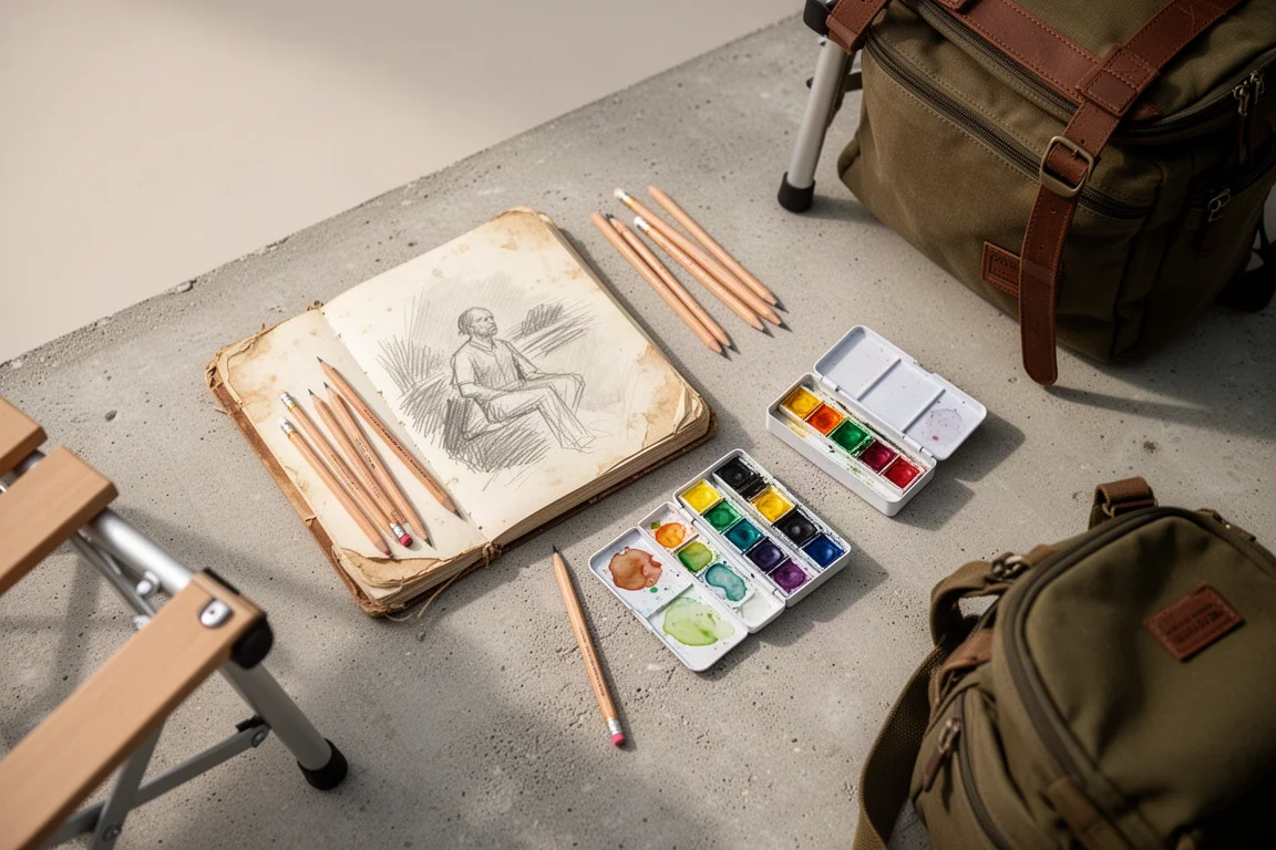 Sketchbook and pencils laid out ready for a field sketching trip
