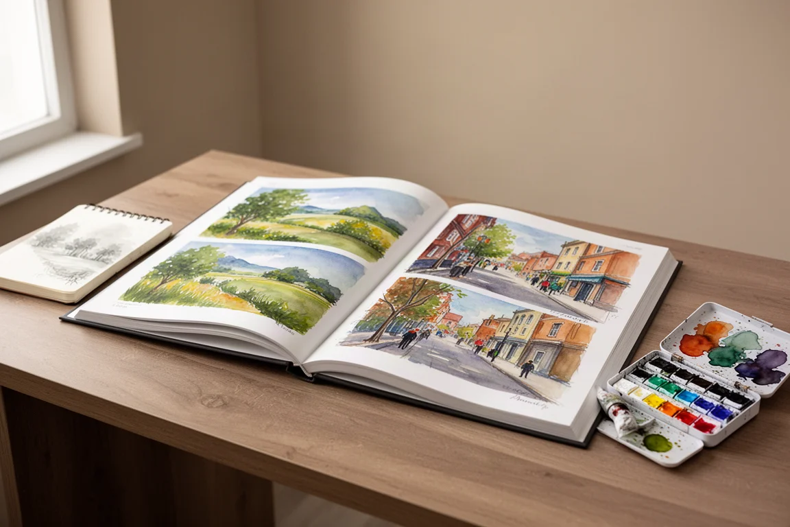 Open art book with colorful plein-air sketches beside a paintbox on a wooden desk