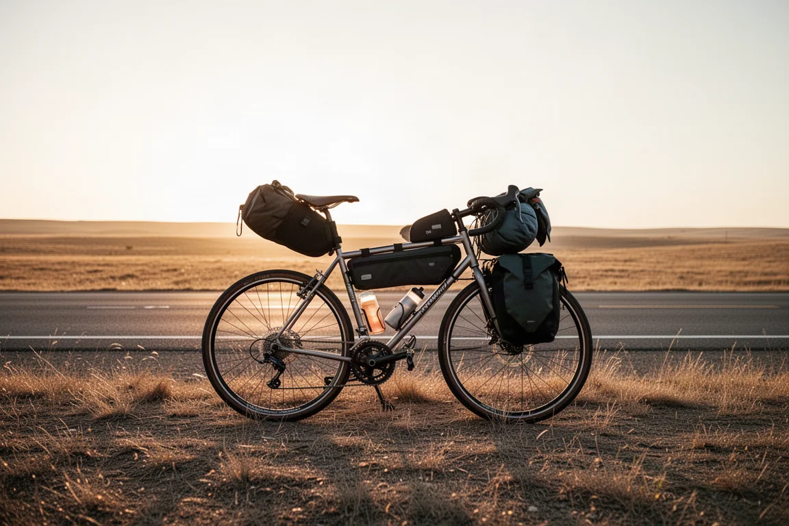 Loaded touring bicycle parked beside an open road at golden hour