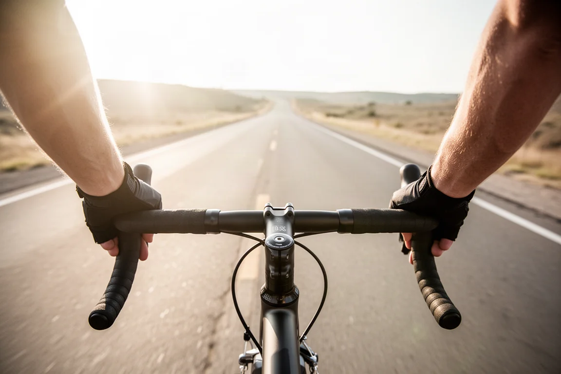 Point of view over drop handlebars on a bright sunlit road with glare