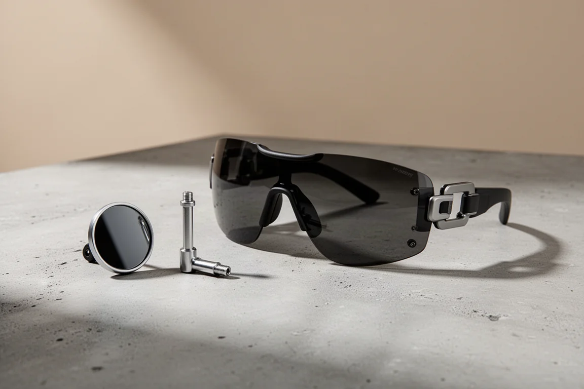 Bar-end bike mirror and oversized side-shield sunglasses on a concrete surface