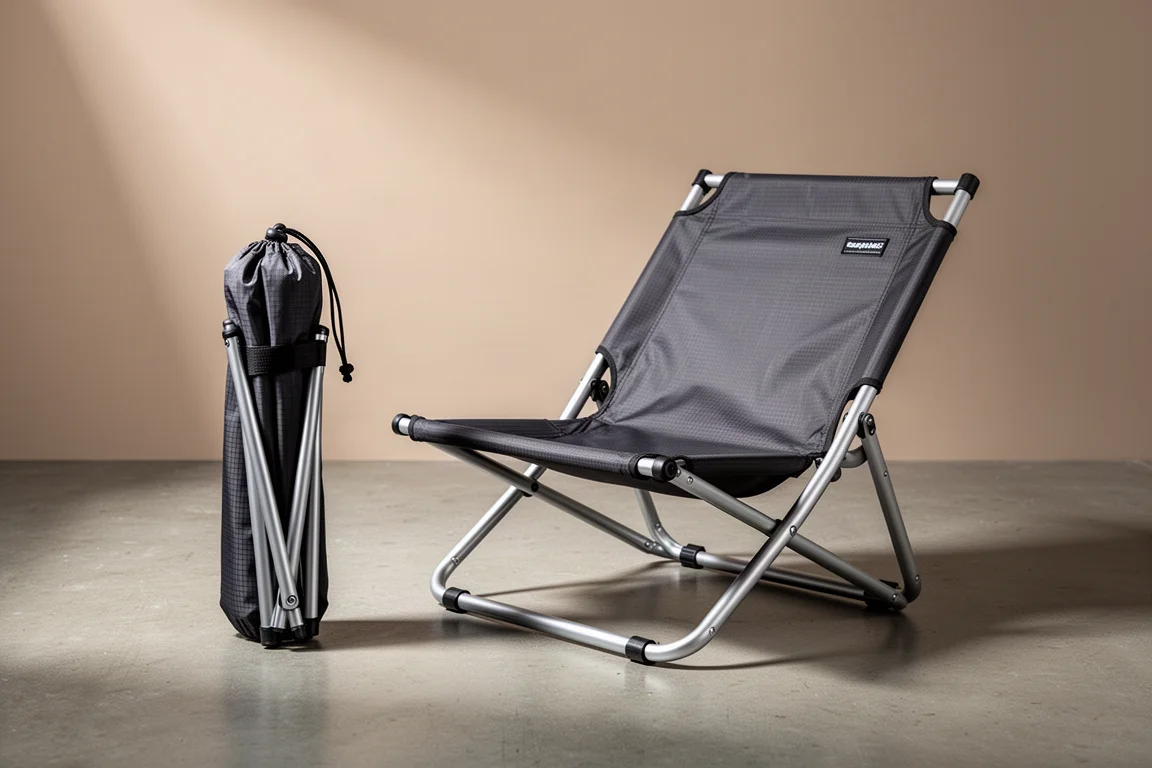 Compact folding camp chair shown folded and opened on a matte concrete surface