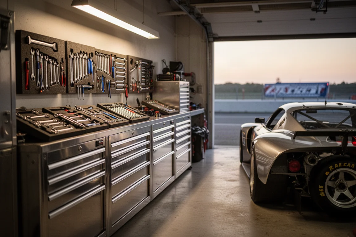 Formula style pit garage with tool chests lined up beside a race car