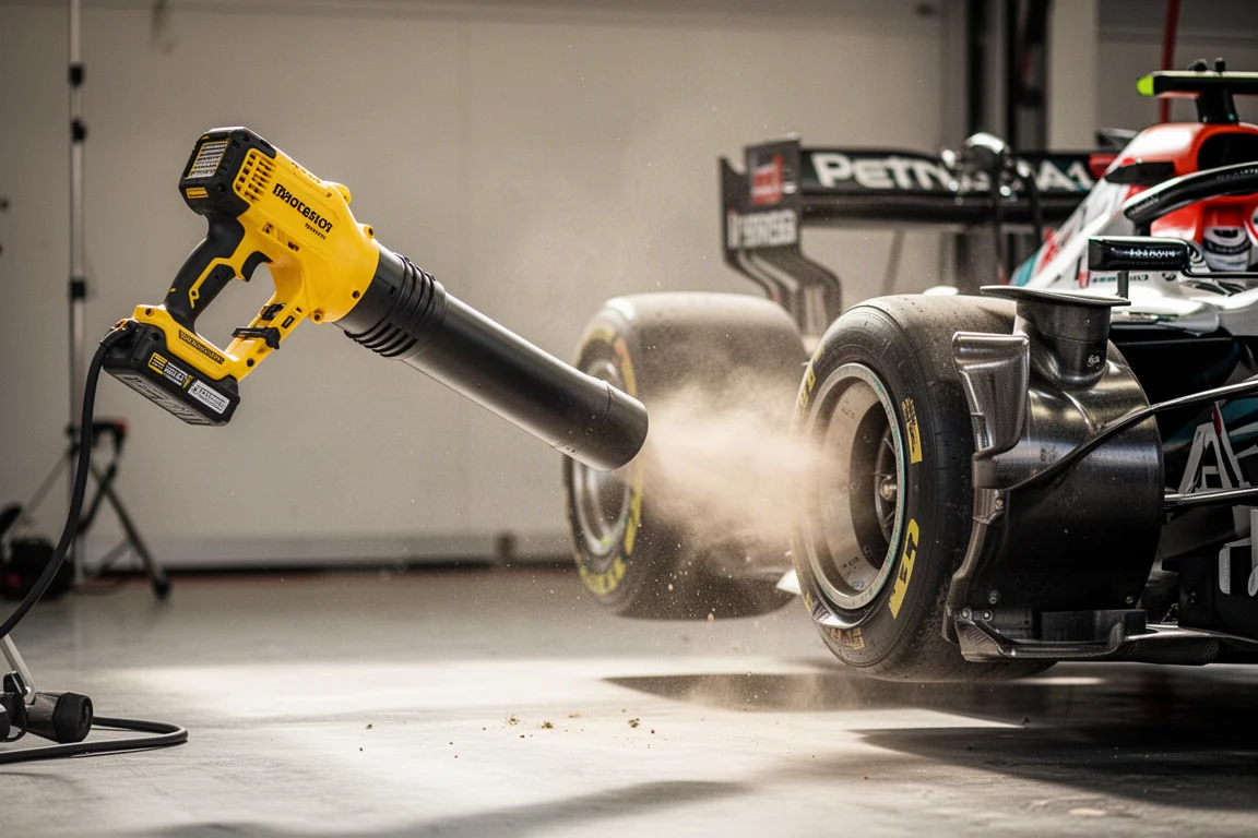 Cordless leaf blower directing air into a race car brake duct