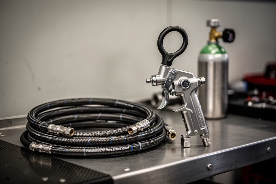 High-pressure nitrogen hoses and a pit wheel gun on a workshop bench