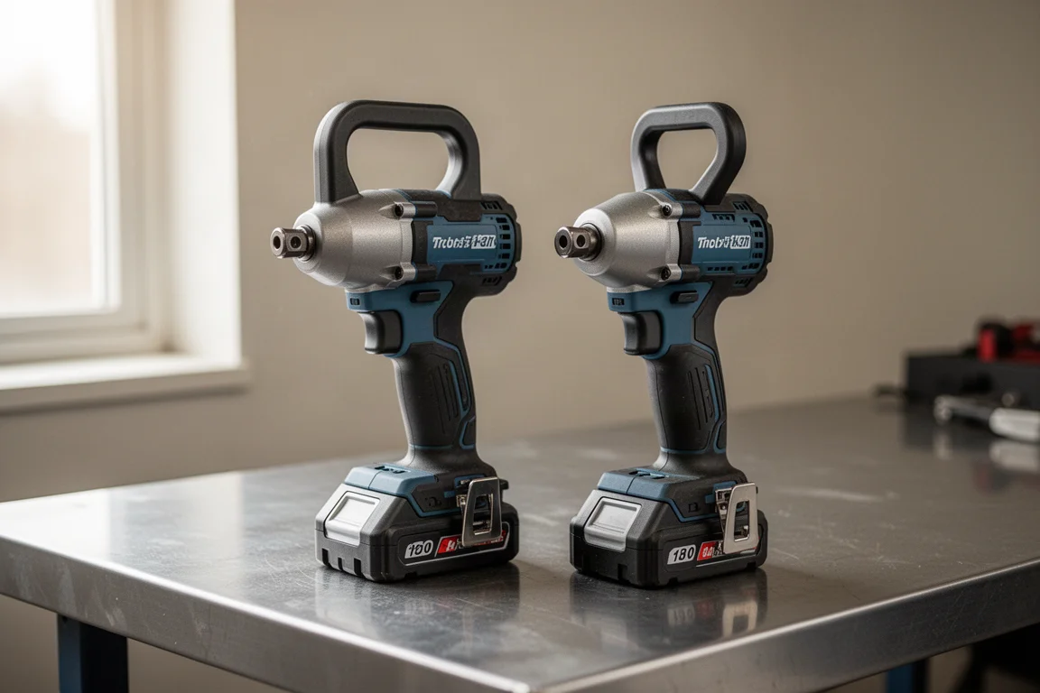Two cordless impact wrenches side by side on a workbench