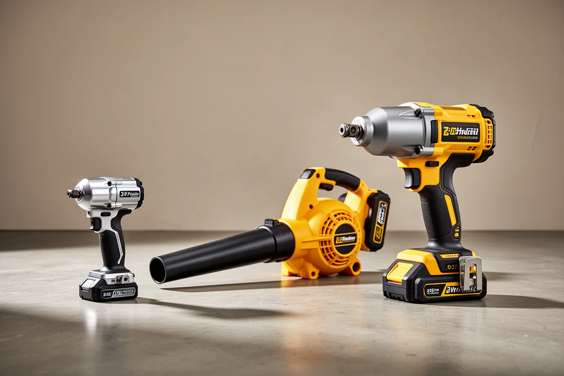 Lineup of cordless impact wrench and leaf blower on a garage concrete surface