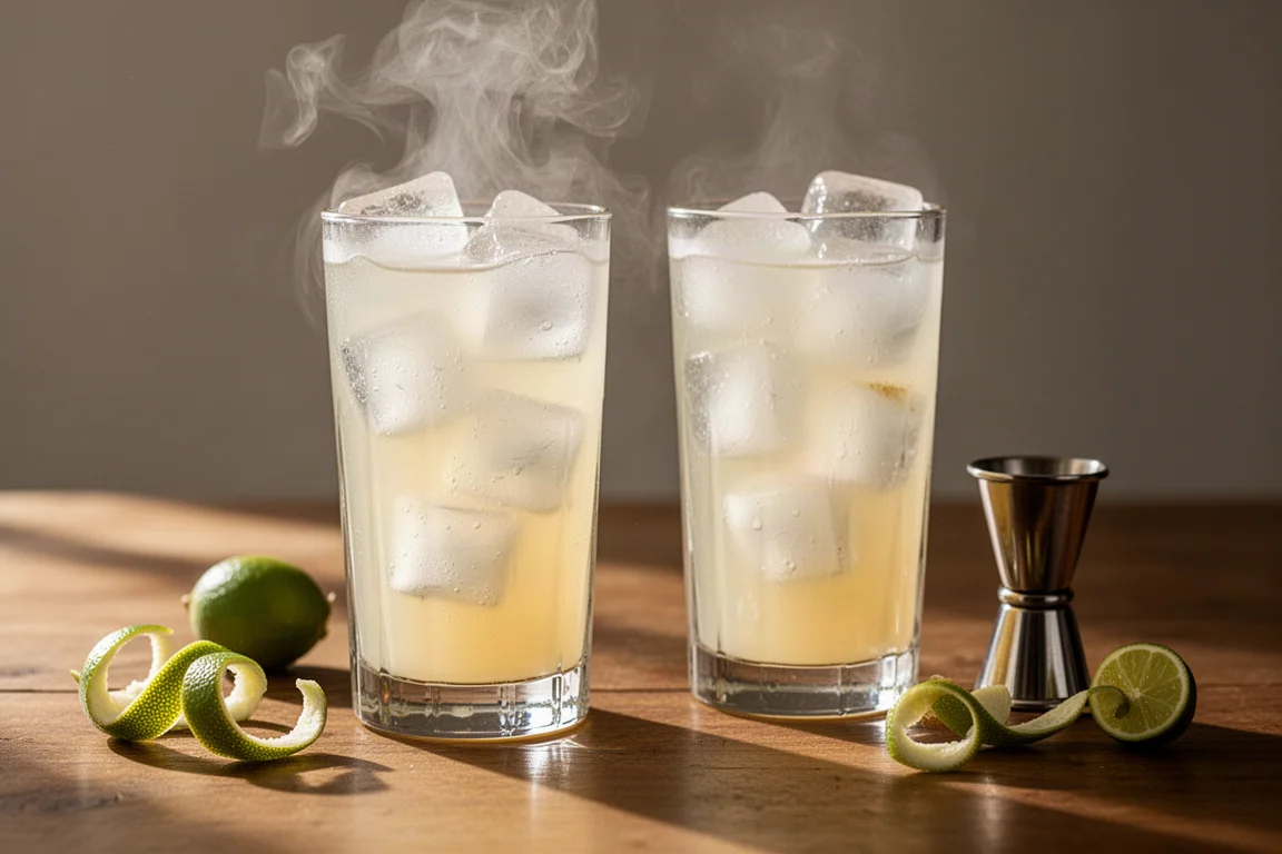 Zwei Gläser eines rauchigen Mezcal-Highballs mit Zitrusfrüchten und Eis auf einem Holztisch