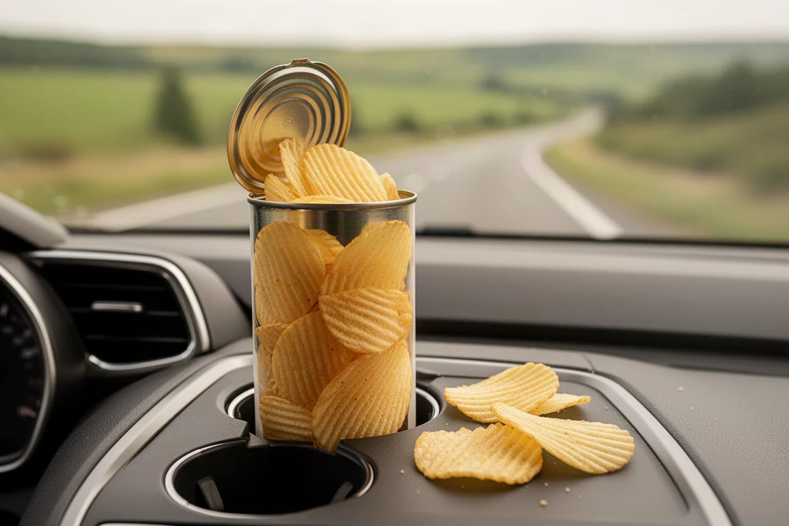 Geöffnete Kartoffelchips-Dose auf der Mittelkonsole eines Autos während einer Roadtrip-Fahrt