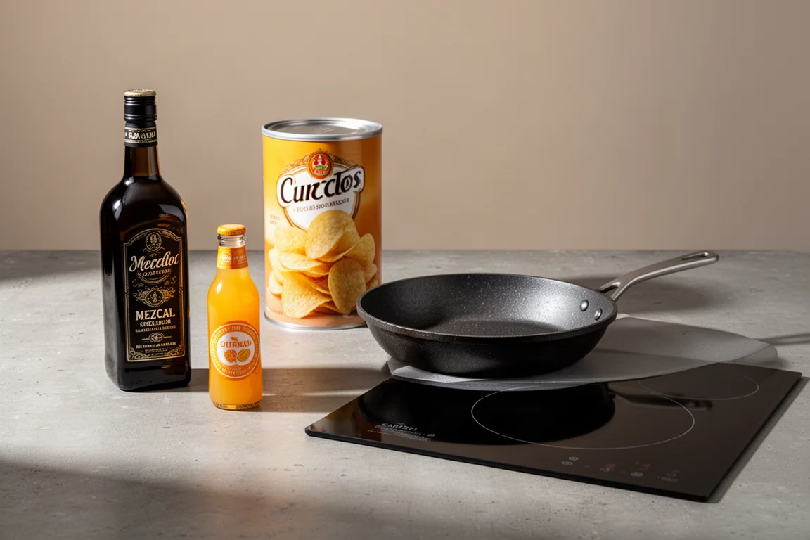 Mezcal bottle, juice concentrate, crisps canister, skillet, and induction cooktop on concrete