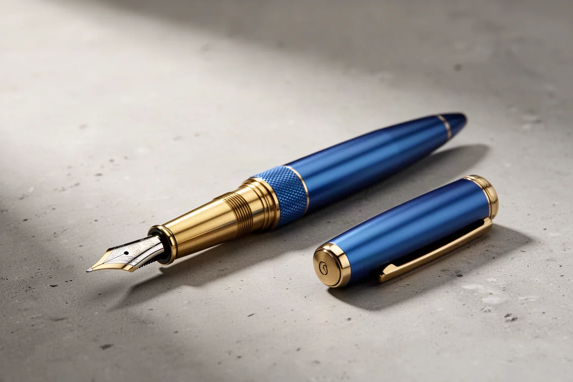 Penna stilografica in alluminio blu con sezione in ottone, senza tappo su una superficie di cemento