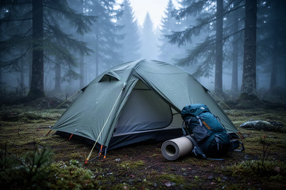 Acampamento remoto ao amanhecer com barraca, isolante e saco de dormir aberto