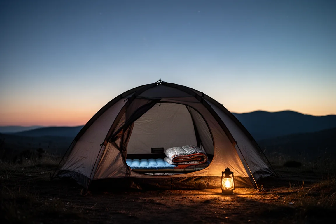 Visão superior de equipamentos de camping, incluindo saco de dormir comprimido e isolante