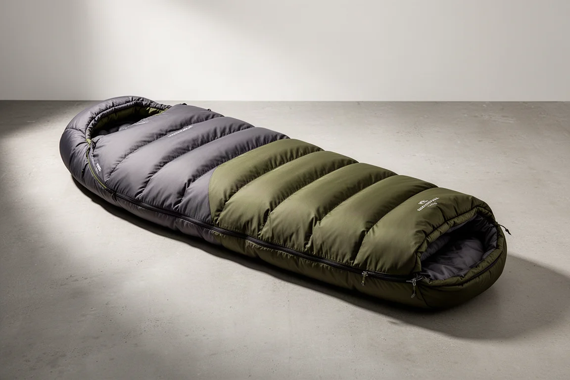 Mummy-style recycled down sleeping bag on a matte concrete surface in soft studio light