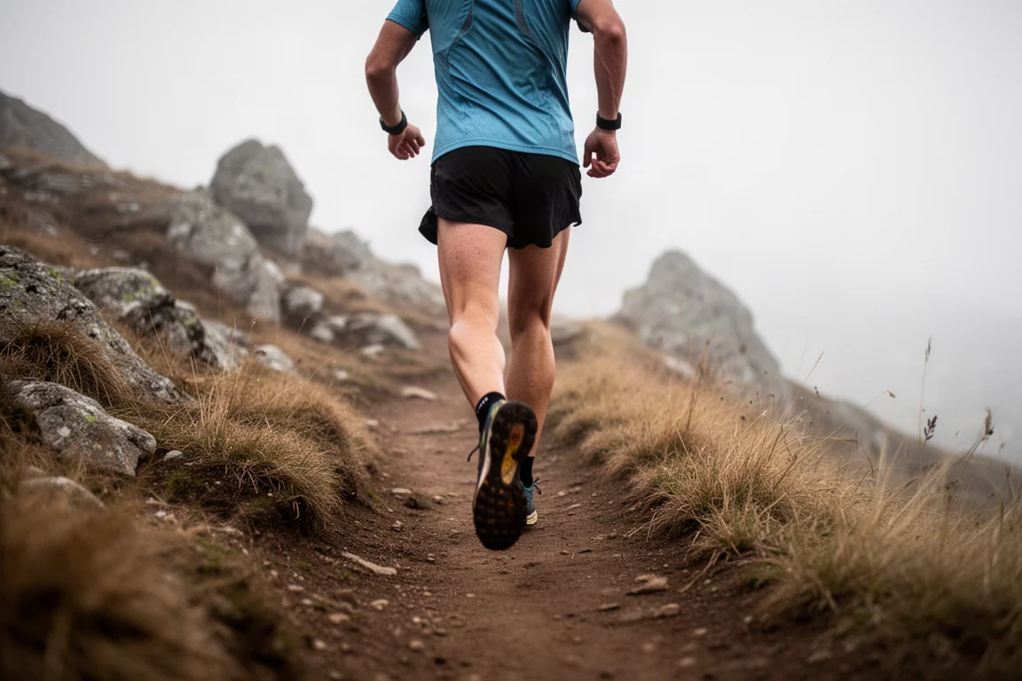 Trailrunner auf einem festen Bergweg bei trockenen Herbstbedingungen