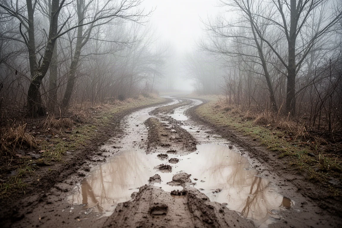 Verschlammter, quergeneigter Trailabschnitt in einer britischen Winterlandschaft
