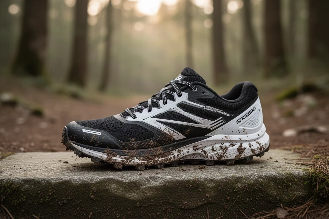 Ein schmutzverschmierter schwarz-weißer Trailrunningschuh nach dem Lauf auf einer Türschwelle