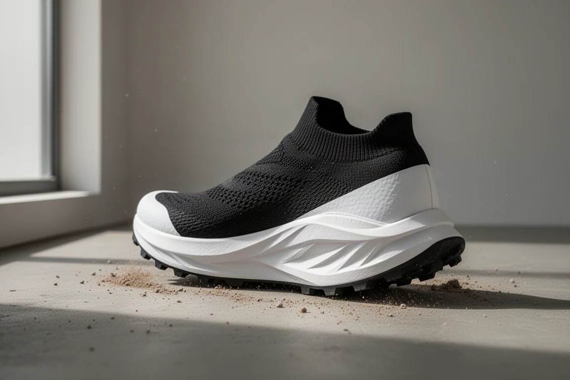Black and white trail running shoe at three-quarter angle on concrete