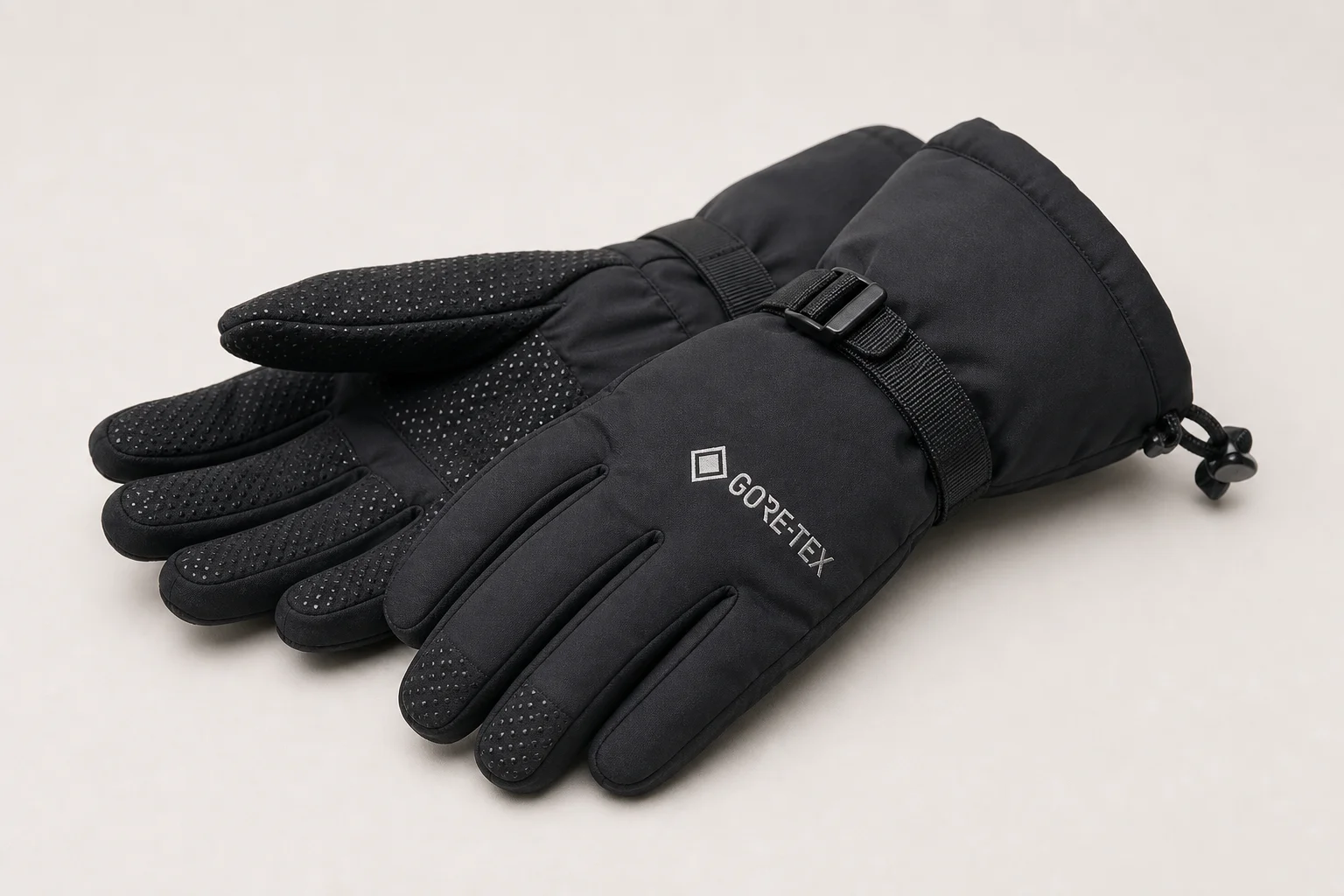 Winter-Laufzubehör auf Beton, darunter Handschuhe, Mütze, Stirnlampe und ein reflektierender Rucksack