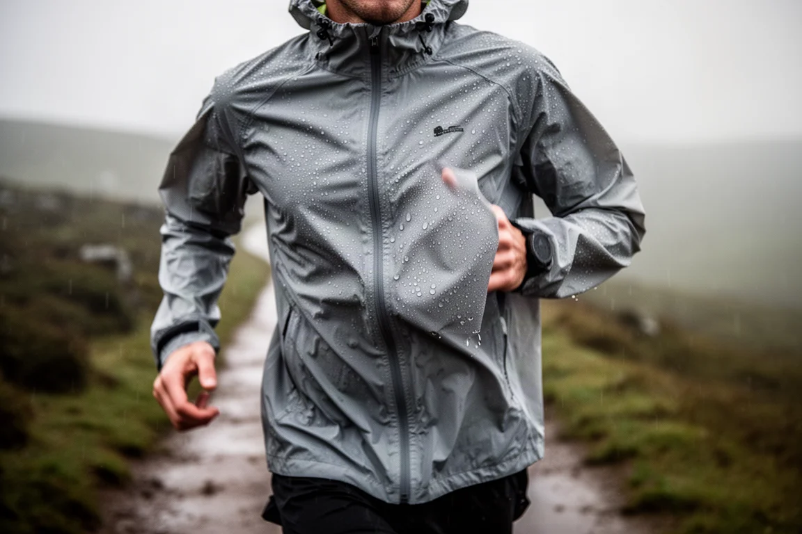 Runner con una giacca impermeabile leggera su un sentiero inzuppato di pioggia
