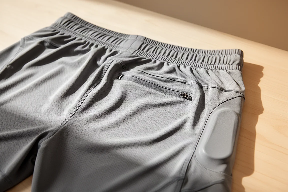 Dettaglio della cintura di uno short running con tasca zip posteriore