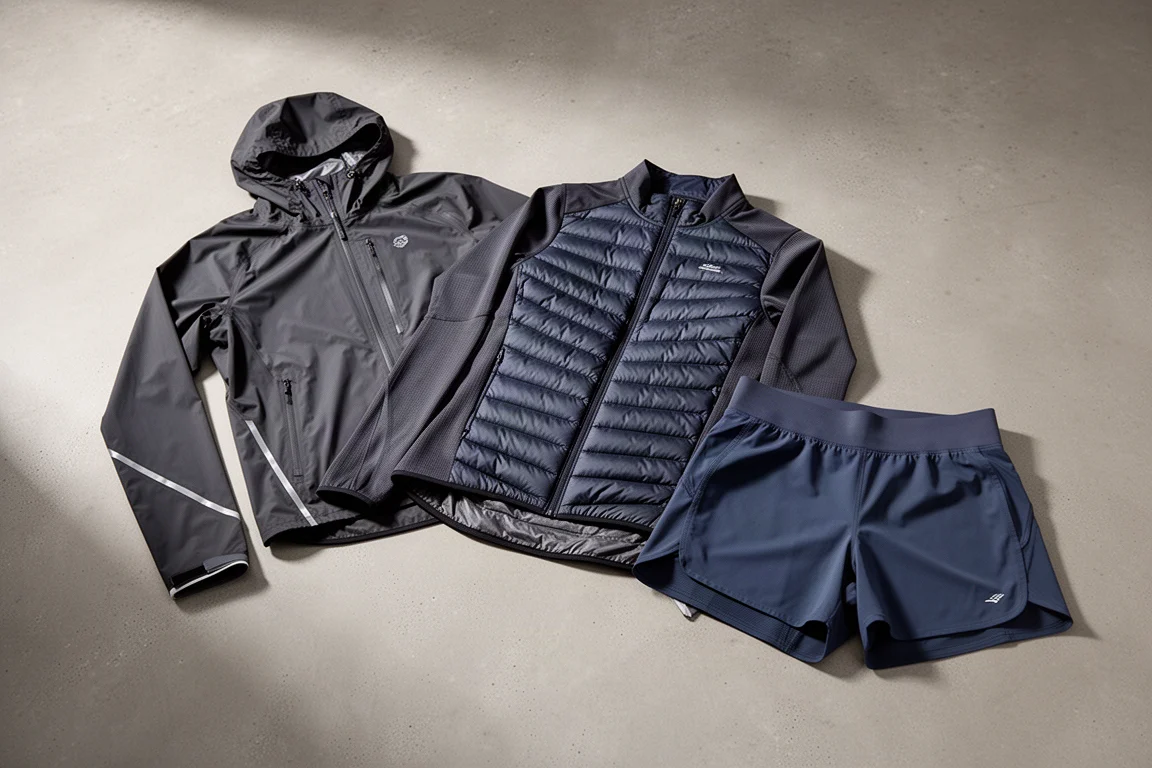 Three North Face running apparel pieces arranged on a concrete surface