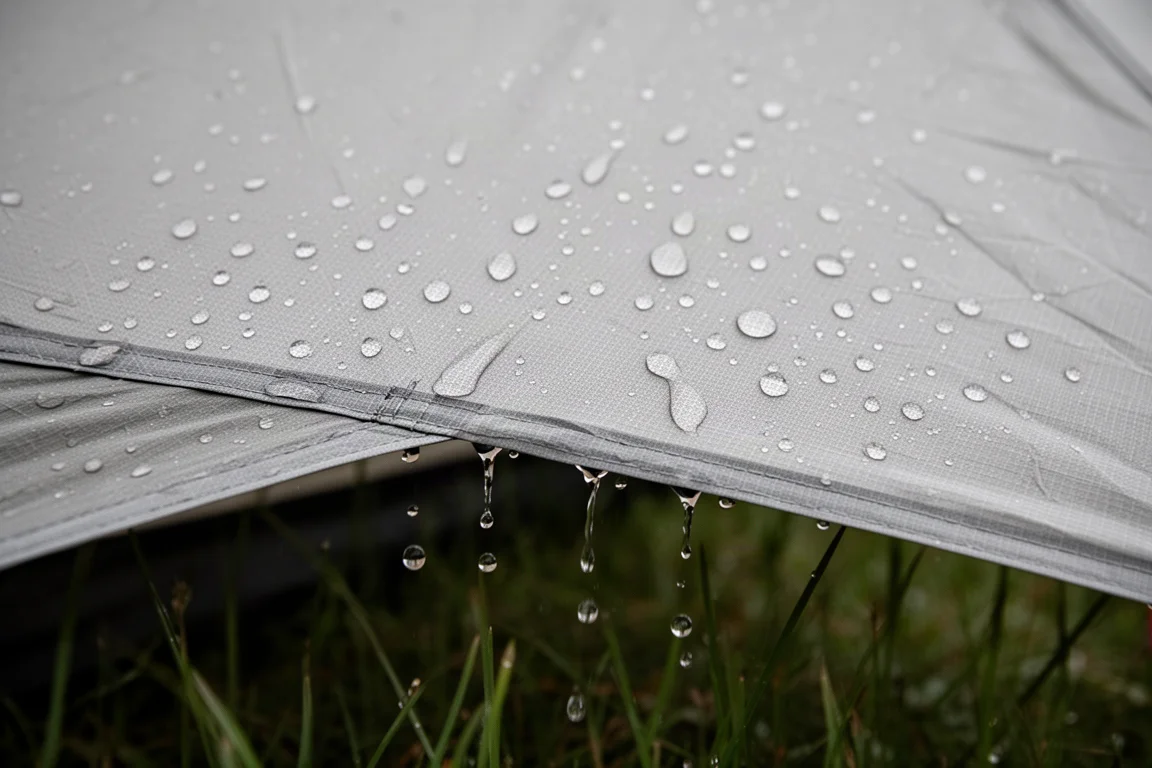 雨水在紧绷的露营帐篷外帐面料上形成水珠并流下