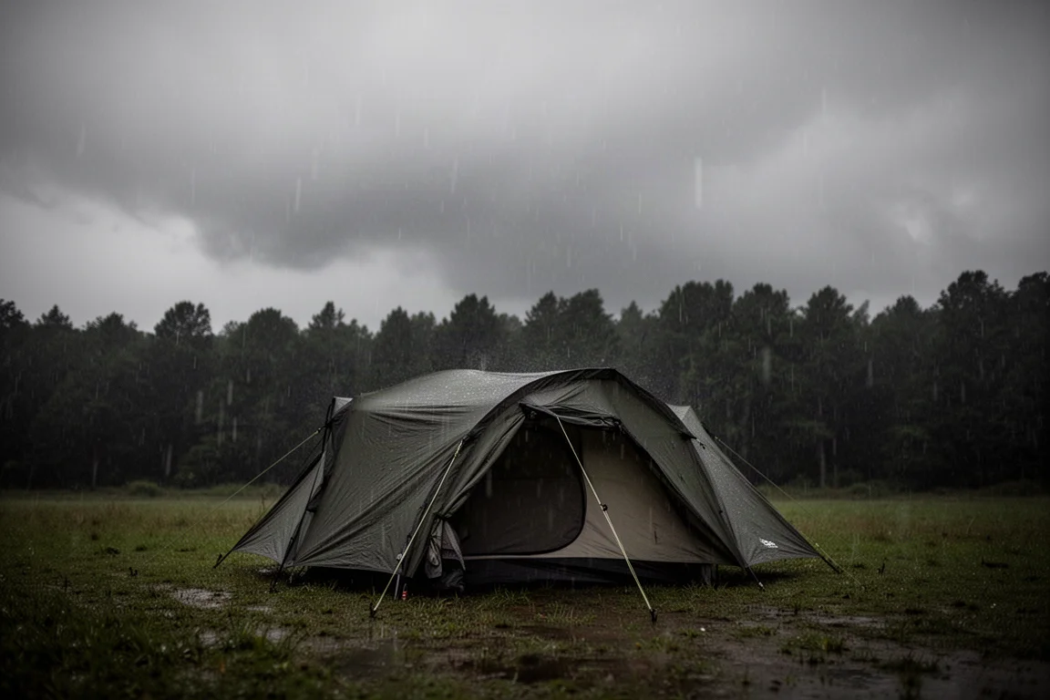 持续降雨中的小型营地,低矮帐篷位于沉重的灰色风暴天空下