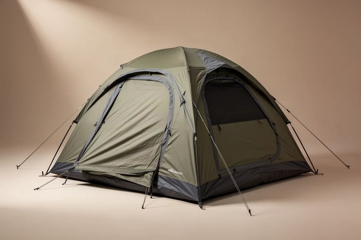 Two-person camping tent with olive rainfly pitched on a neutral studio backdrop