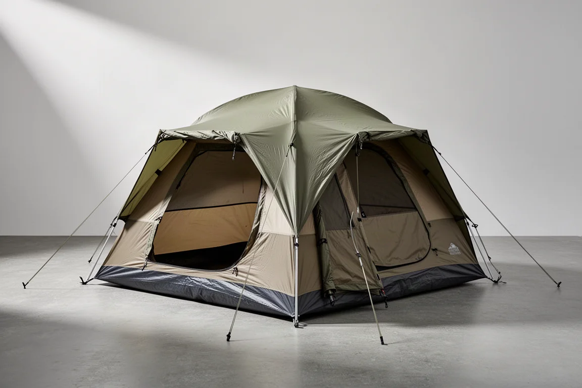 Two-person dome camping tent with full-coverage rainfly on a concrete surface