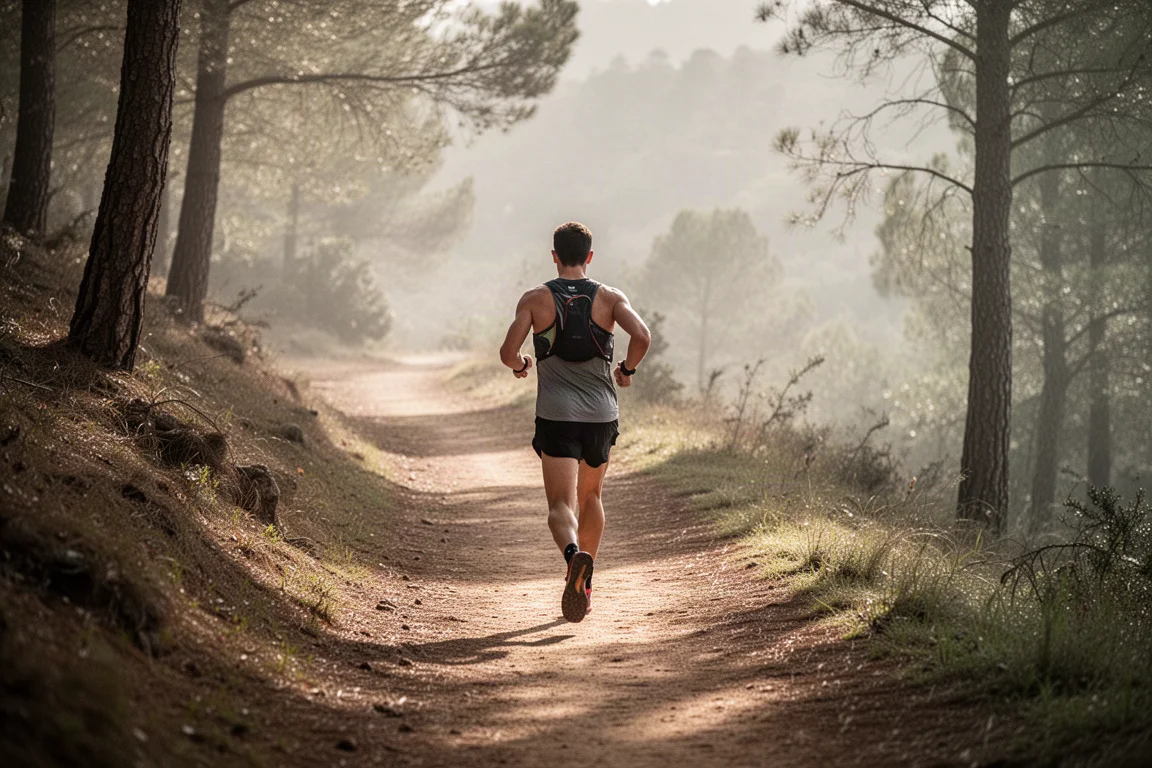 Runner moving along a light to moderate forest trail in soft morning light