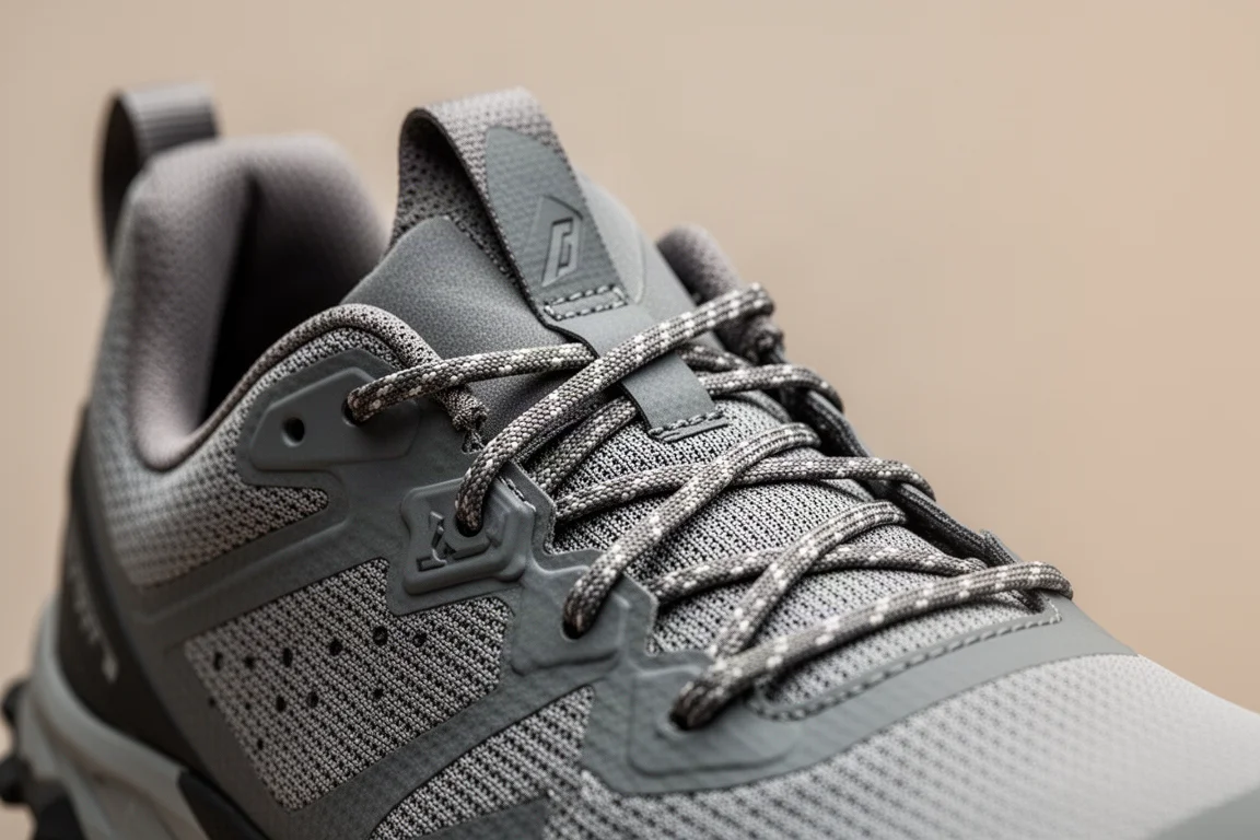 Close-up of a trail shoe upper showing braided speed laces and padded heel collar
