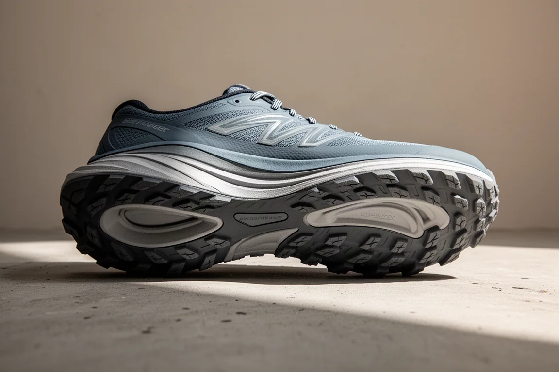 Cross-section style view of a dual-plate trail shoe midsole with wide outsole profile