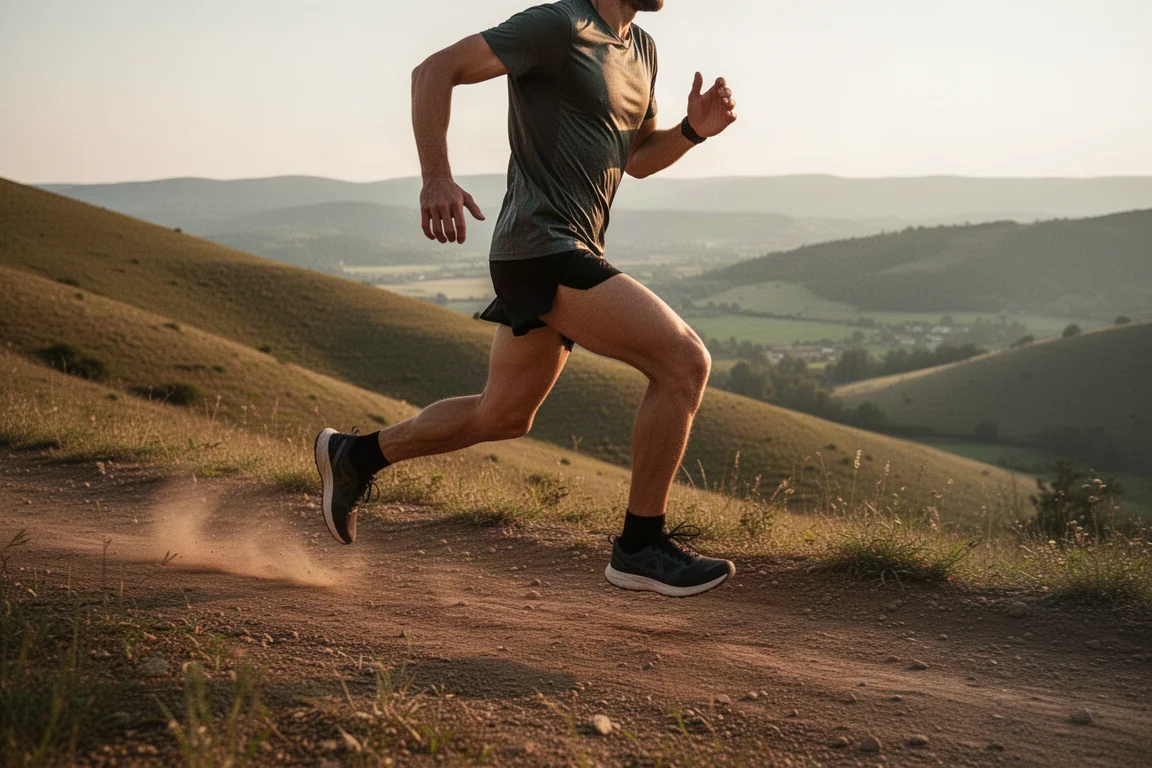 Runner descending a rolling trail at speed on a cool afternoon