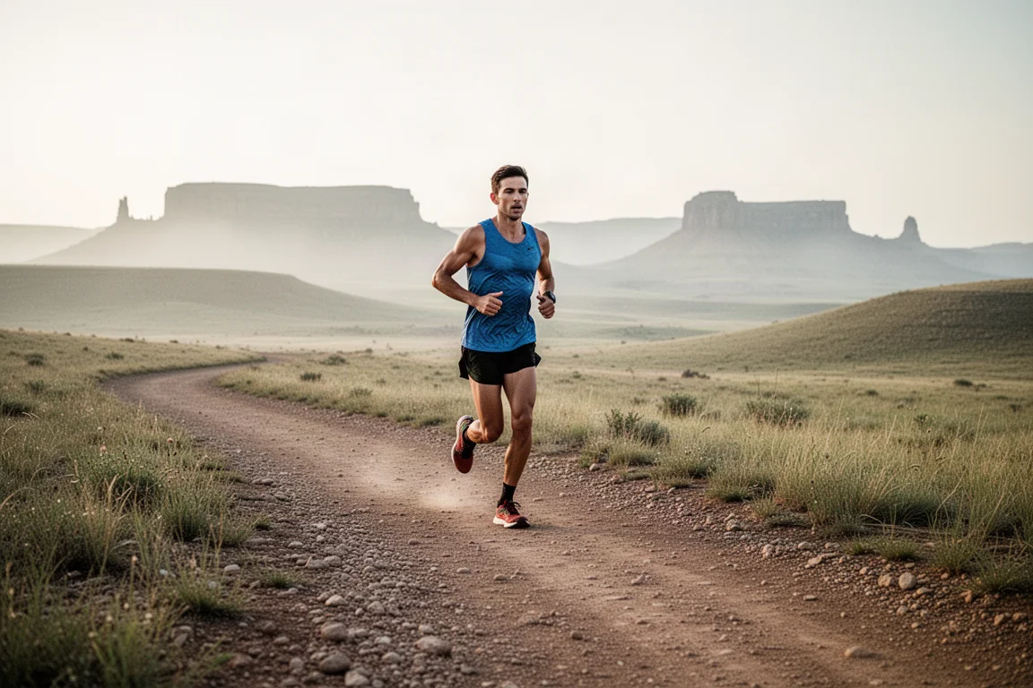 Trail runner su un sentiero di ghiaia ondulato ai margini della periferia nella luce del mattino