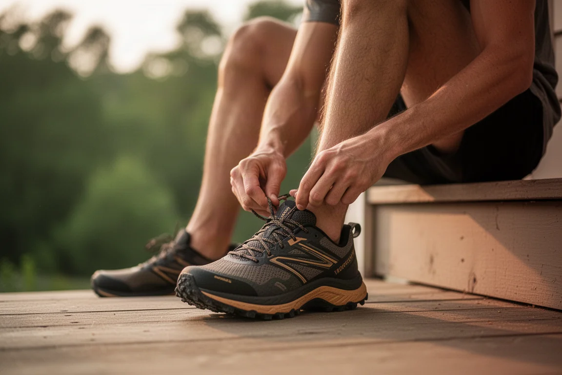 Runner che si allunga su un portico di legno dopo una corsa di recupero a bassa intensità