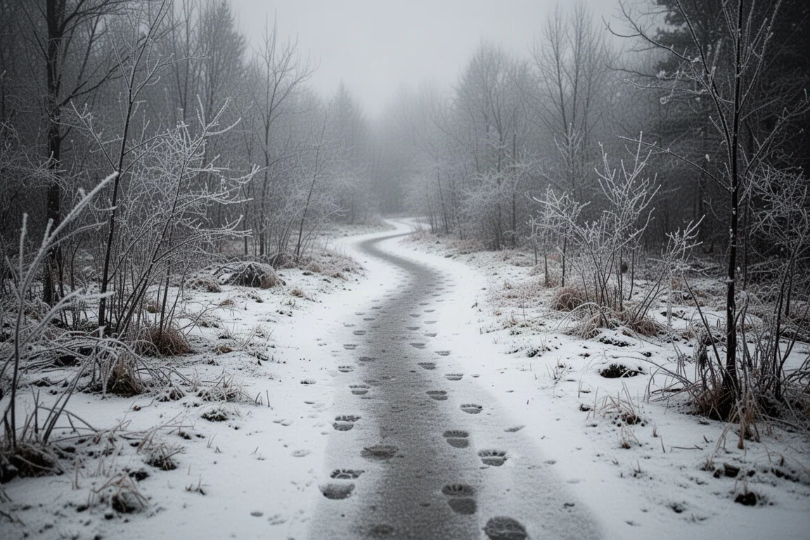 Sentiero invernale cosparso di neve con impronte sotto una luce grigia e fredda