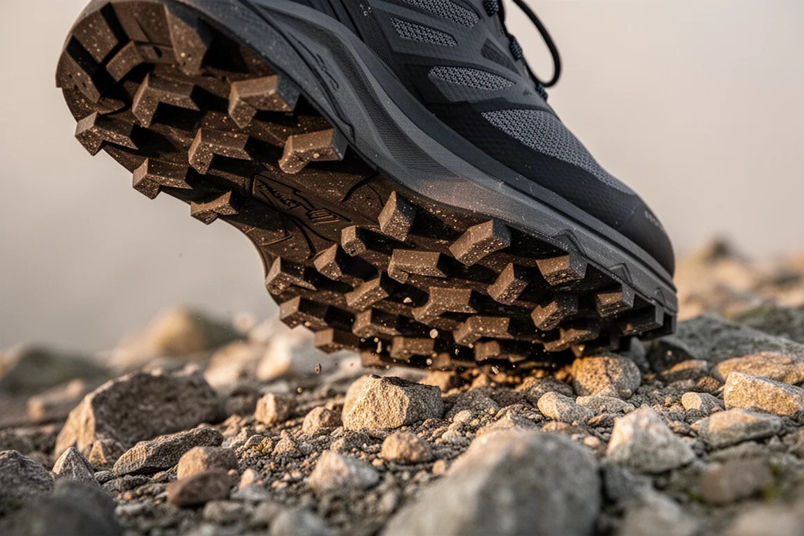 Primo piano dei tasselli e della mescola in gomma della suola di una scarpa da trail su terreno roccioso