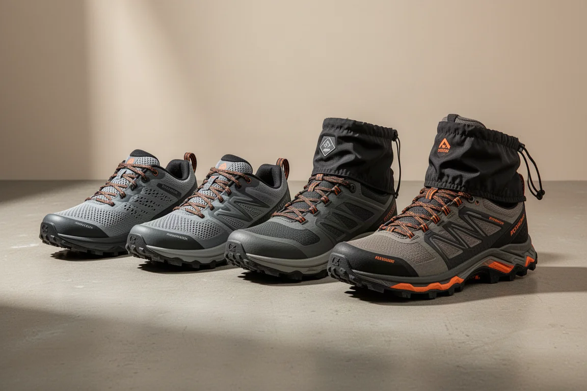 Quattro scarpe da trail running disposte su una superficie di cemento con una luce soffusa da studio