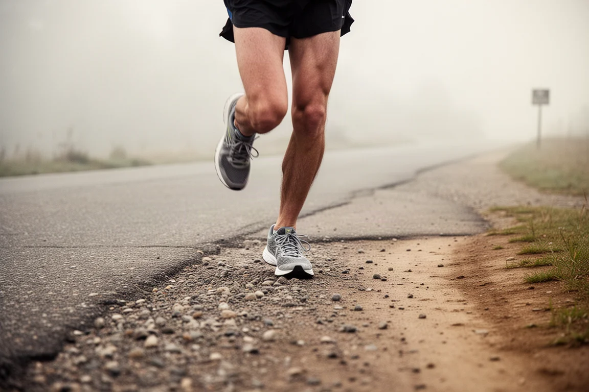 Trail runner su una strada sterrata in transizione dall'asfalto all'inizio di un sentiero singletrack