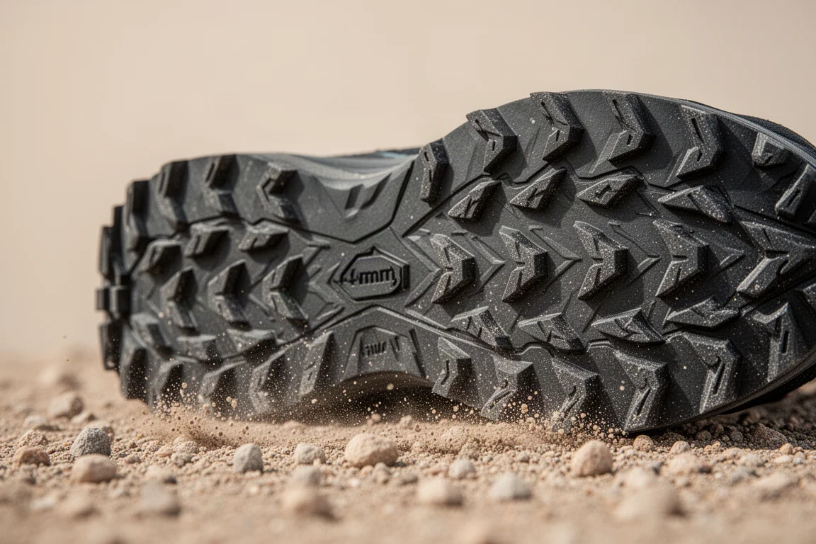Primo piano della suola esterna tassellata di una scarpa da trail che preme su ghiaia morbida